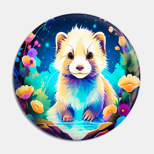 Cute Ferret with Floral Elements in Watercolor art Pin by BirdsnStuff