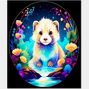 Cute Ferret with Floral Elements in Watercolor art Posters and Art