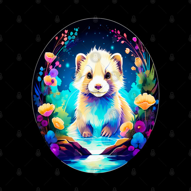 Cute Ferret with Floral Elements in Watercolor art by BirdsnStuff
