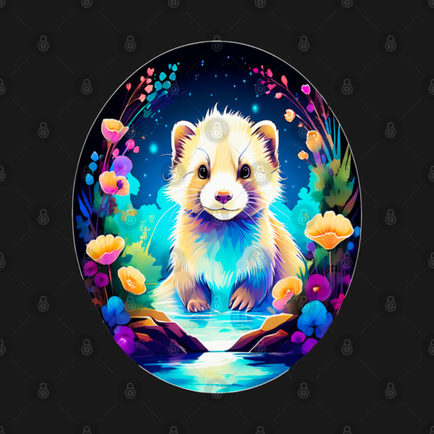 Cute Ferret with Floral Elements in Watercolor art by BirdsnStuff