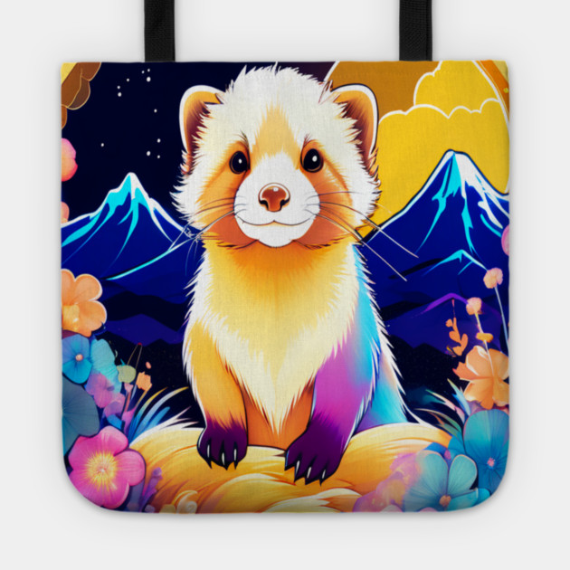 Cute Ferret with Floral Elements in Watercolor art Tote by BirdsnStuff
