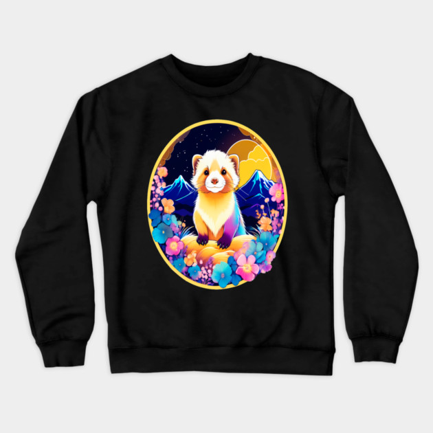 Cute Ferret with Floral Elements in Watercolor art Crewneck Sweatshirt by BirdsnStuff