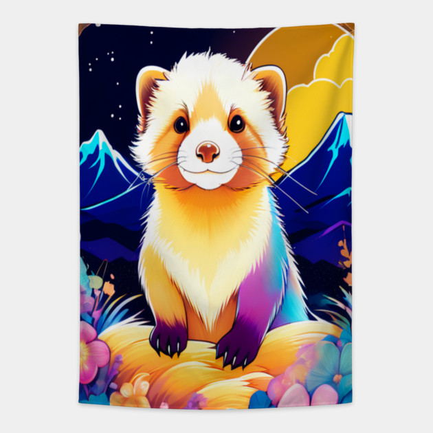 Cute Ferret with Floral Elements in Watercolor art Tapestry by BirdsnStuff