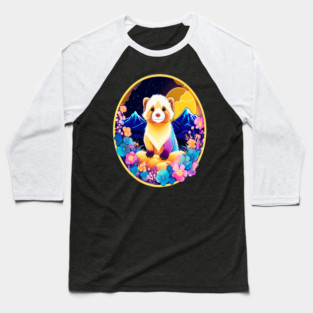 Cute Ferret with Floral Elements in Watercolor art Baseball T-Shirt