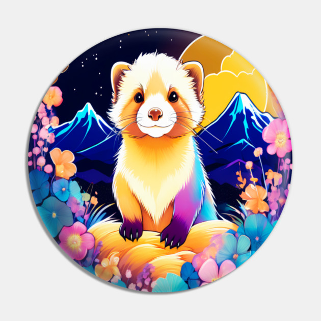 Cute Ferret with Floral Elements in Watercolor art Pin by BirdsnStuff