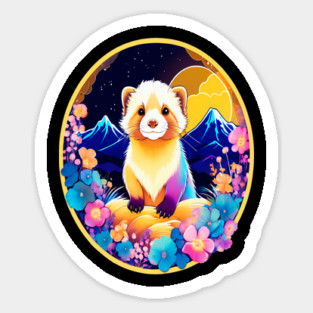 Cute Ferret with Floral Elements in Watercolor art Sticker
