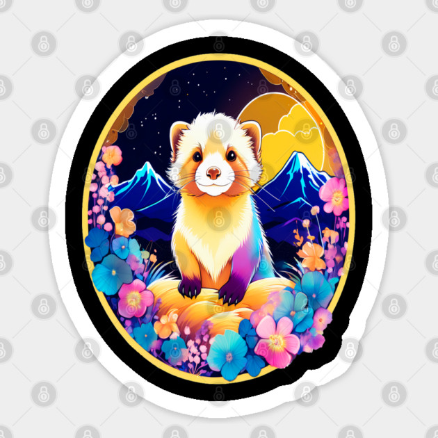 Cute Ferret with Floral Elements in Watercolor art Sticker by BirdsnStuff