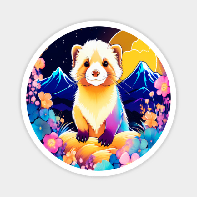 Cute Ferret with Floral Elements in Watercolor art Magnet by BirdsnStuff