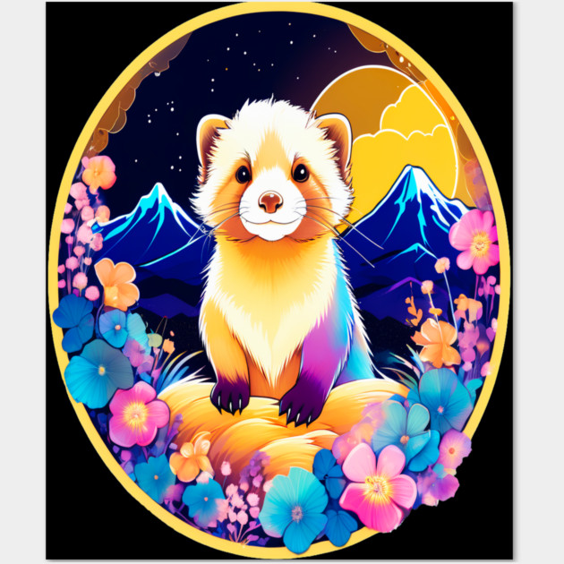 Cute Ferret with Floral Elements in Watercolor art Wall Art by BirdsnStuff