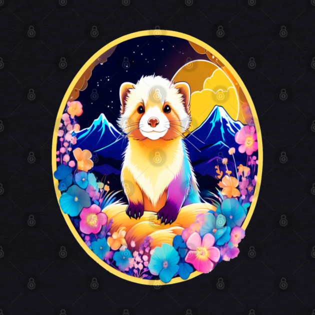 Cute Ferret with Floral Elements in Watercolor art by BirdsnStuff