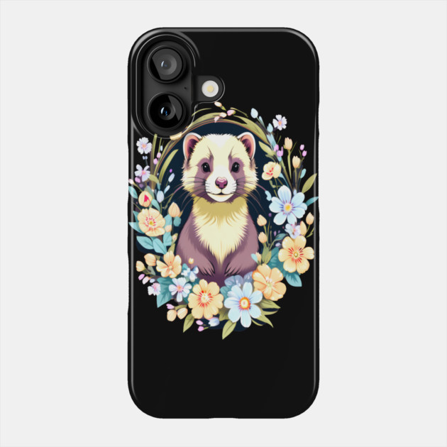 Cute Ferret with Floral Elements in Watercolor art Phone Case by BirdsnStuff