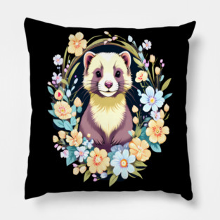 Cute Ferret with Floral Elements in Watercolor art Pillow
