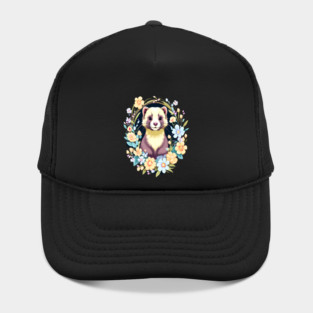 Cute Ferret with Floral Elements in Watercolor art Hat