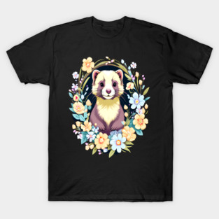 Cute Ferret with Floral Elements in Watercolor art T-Shirt