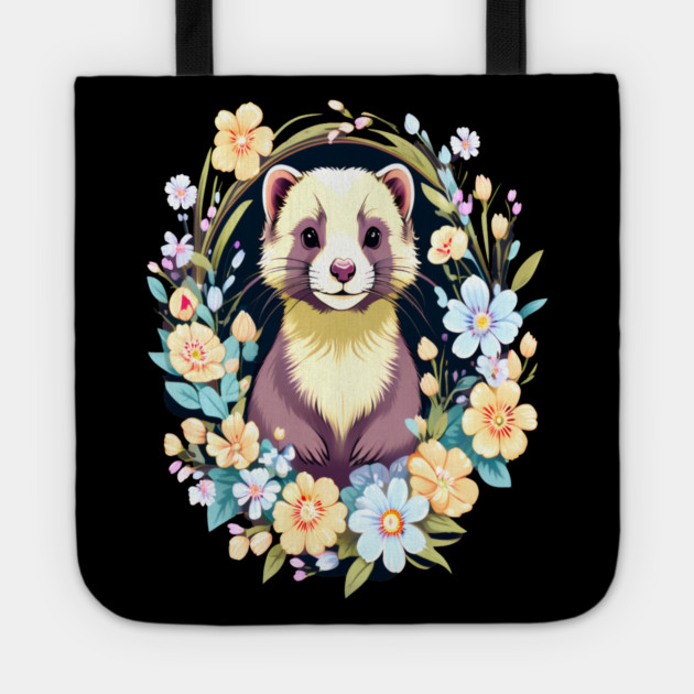 Cute Ferret with Floral Elements in Watercolor art Tote by BirdsnStuff