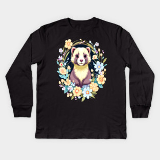 Cute Ferret with Floral Elements in Watercolor art Kids Long Sleeve T-Shirt