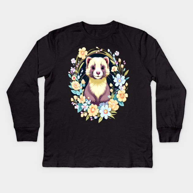 Cute Ferret with Floral Elements in Watercolor art Kids Long Sleeve T-Shirt by BirdsnStuff