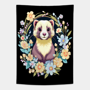 Cute Ferret with Floral Elements in Watercolor art Tapestry