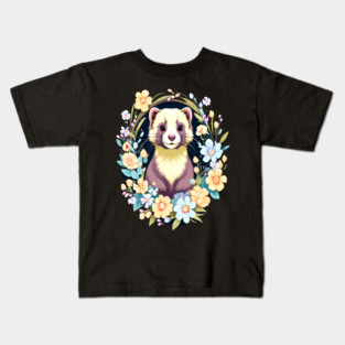 Cute Ferret with Floral Elements in Watercolor art Kids T-Shirt