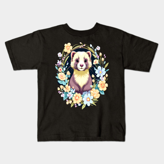 Cute Ferret with Floral Elements in Watercolor art Kids T-Shirt by BirdsnStuff