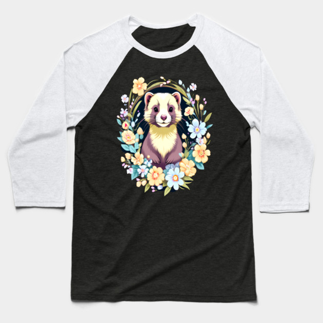 Cute Ferret with Floral Elements in Watercolor art Baseball T-Shirt by BirdsnStuff