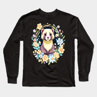 Cute Ferret with Floral Elements in Watercolor art Long Sleeve T-Shirt
