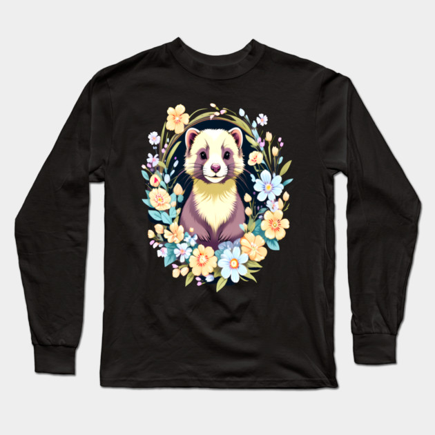 Cute Ferret with Floral Elements in Watercolor art Long Sleeve T-Shirt by BirdsnStuff