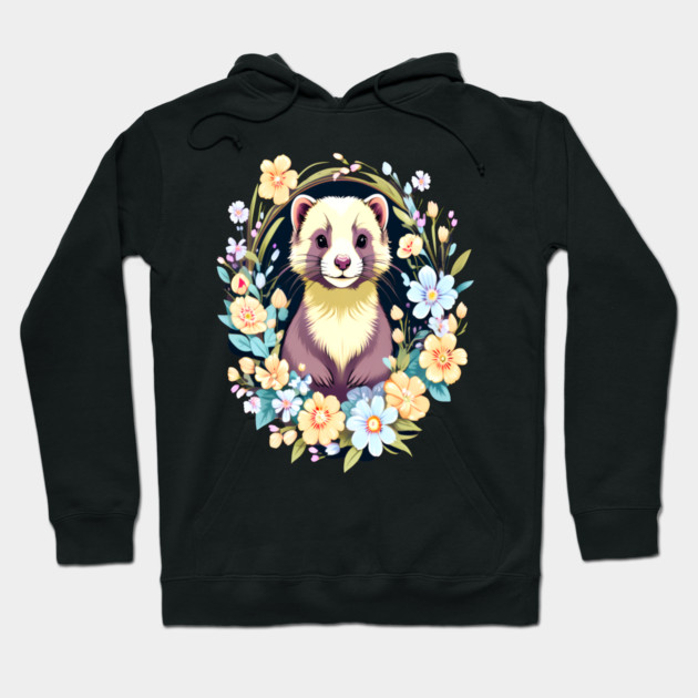 Cute Ferret with Floral Elements in Watercolor art Hoodie by BirdsnStuff