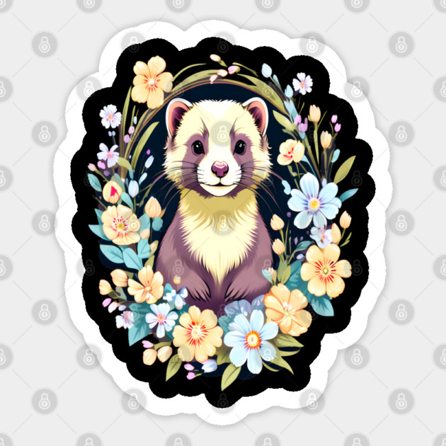 Cute Ferret with Floral Elements in Watercolor art Sticker by BirdsnStuff