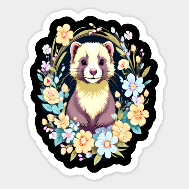 Cute Ferret with Floral Elements in Watercolor art Magnet by BirdsnStuff