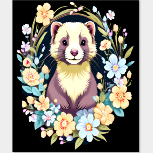 Cute Ferret with Floral Elements in Watercolor art Posters and Art