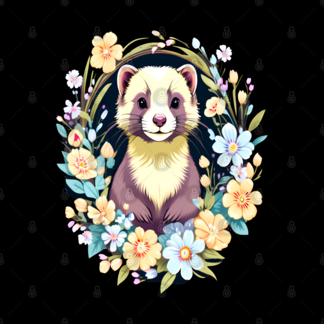 Cute Ferret with Floral Elements in Watercolor art by BirdsnStuff
