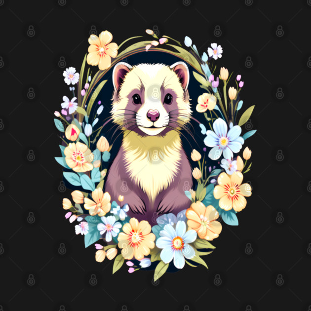 Cute Ferret with Floral Elements in Watercolor art by BirdsnStuff