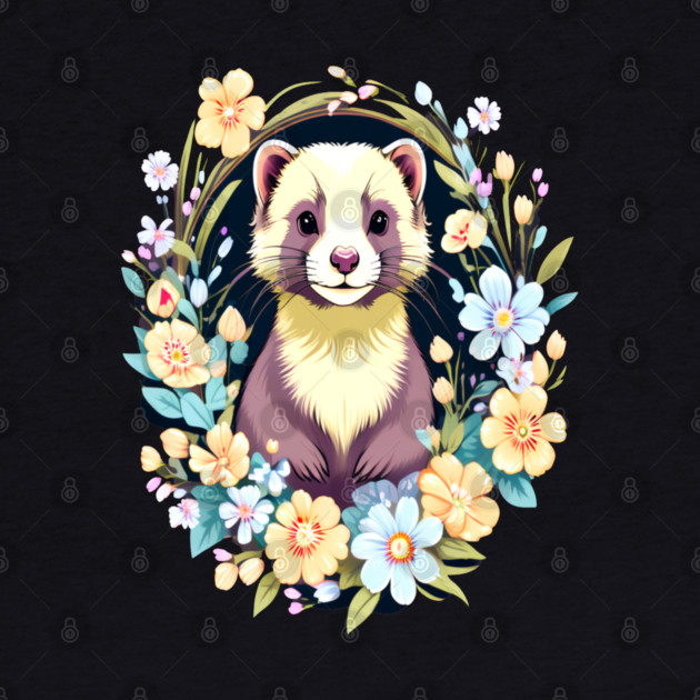Cute Ferret with Floral Elements in Watercolor art by BirdsnStuff