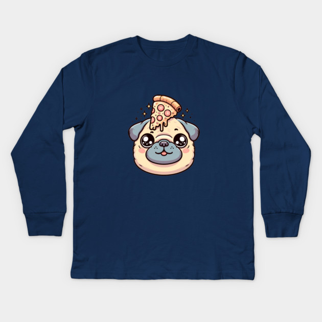 Pug Dog Eating Pizza Kids Long Sleeve T-Shirt by logiamerch