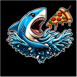 Funny Shark with Pizza, Pizza Lover Posters and Art
