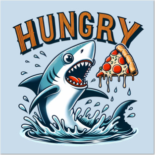 Funny Shark with Pizza, Pizza Lover Posters and Art