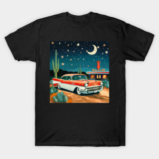 Retro Vintage Diner Route 66 Classic Car Roadside Attraction at Night Desert T-Shirt
