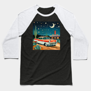 Retro Vintage Diner Route 66 Classic Car Roadside Attraction at Night Desert Baseball T-Shirt