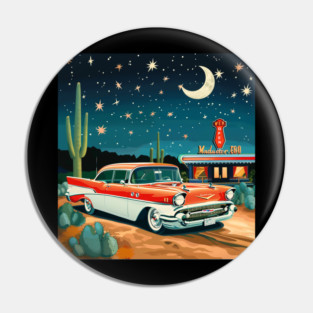 Retro Vintage Diner Route 66 Classic Car Roadside Attraction at Night Desert Pin