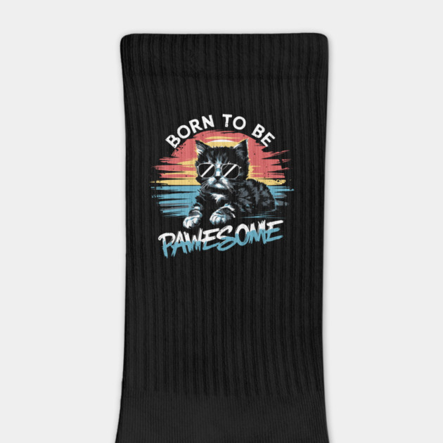 Retro Sunset Kitten Graphic Tee: 'Born to be Pawesome' - Adorable Cat Design with Vintage Vibes by Designed By Marty