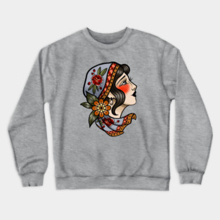 American Traditional Vintage Tattoo Style Lady Face Crewneck Sweatshirt
