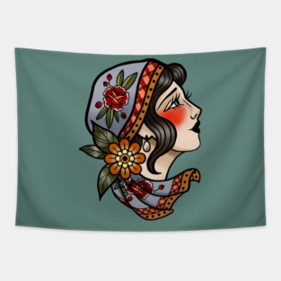 American Traditional Vintage Tattoo Style Lady Face Tapestry