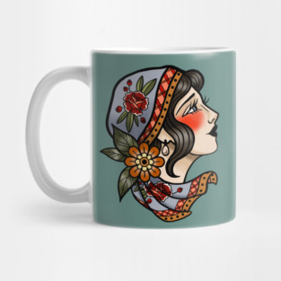American Traditional Vintage Tattoo Style Lady Face Mug