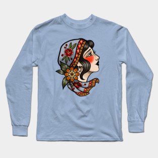 American Traditional Vintage Tattoo Style Lady Face Long Sleeve T-Shirt