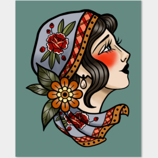 American Traditional Vintage Tattoo Style Lady Face Posters and Art