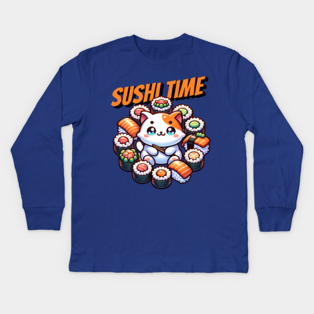Kawaii Sushi Time Cat Kids Long Sleeve T-Shirt by HolidayBug