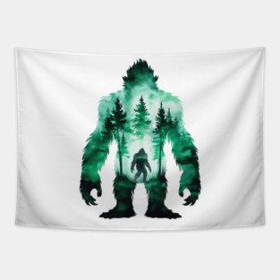 Bigfoot Sasquatch Yeti watercolor forest Silhouette Design Tapestry