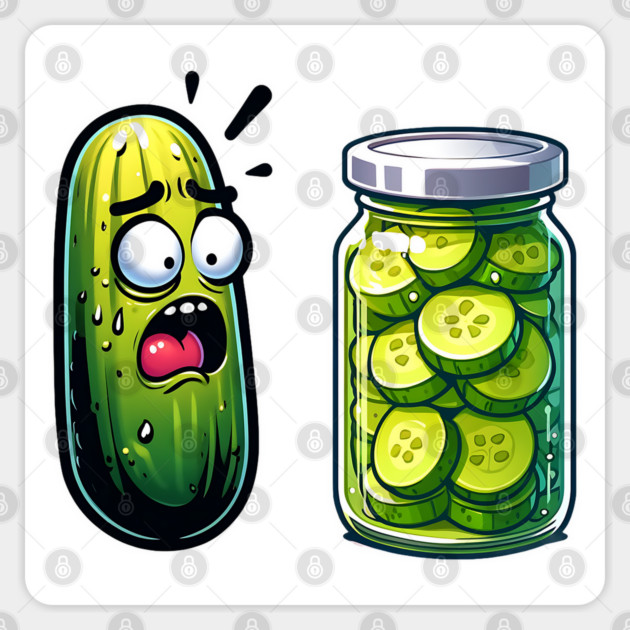 Horrified Cucumber Sees Jar of Sliced Pickles funny design Sticker by Luxinda