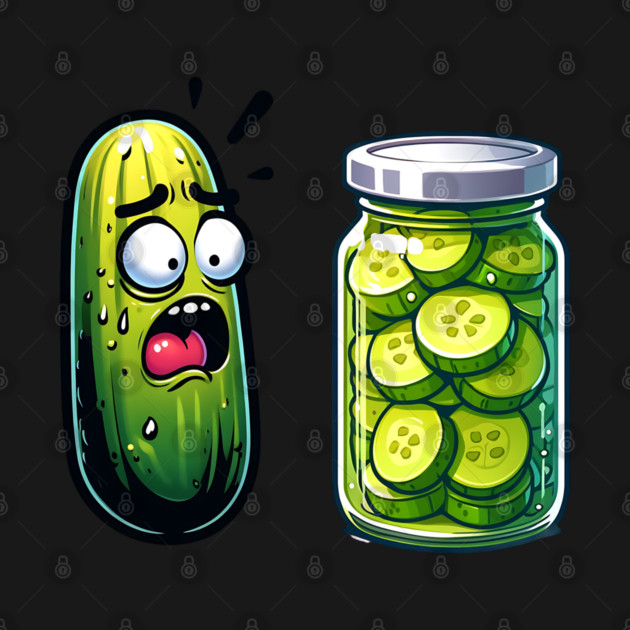 Horrified Cucumber Sees Jar of Sliced Pickles funny design by Luxinda